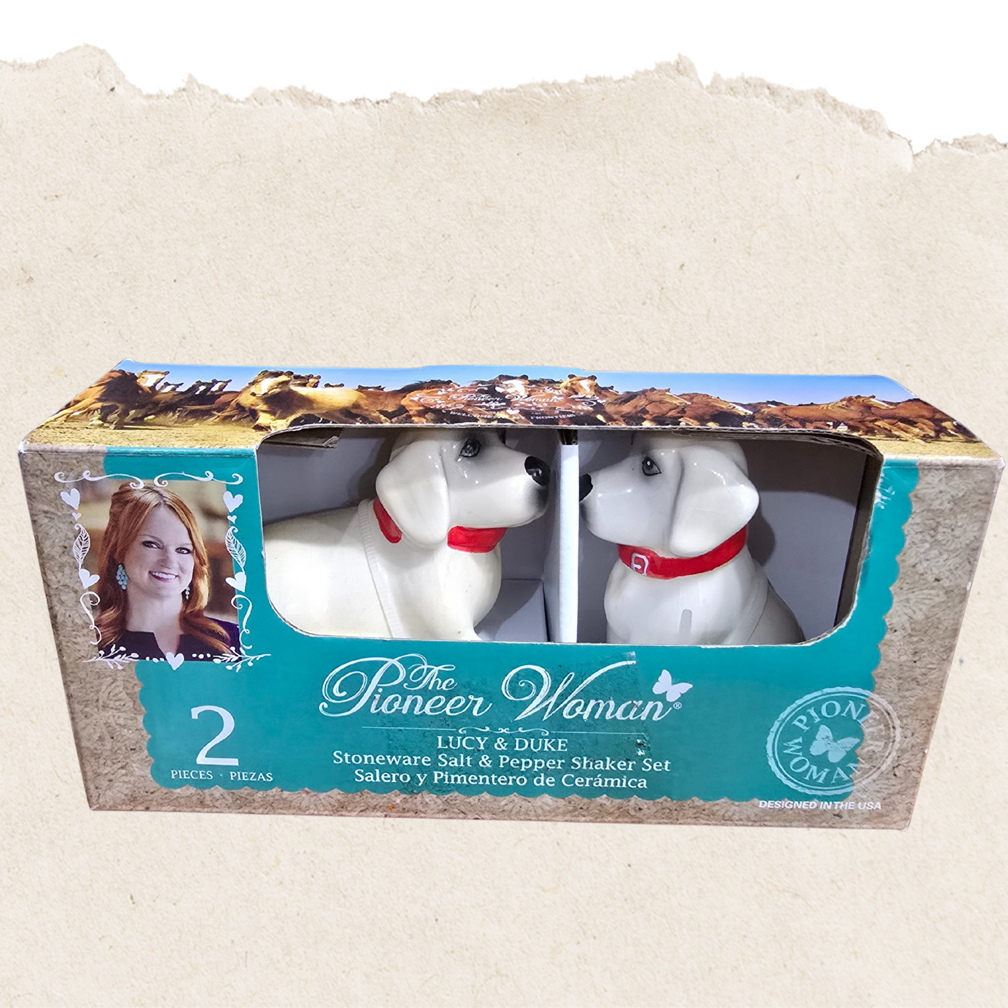 The Pioneer Woman Lucy & Duke Stoneware Salt & Pepper Shaker Set – New in Box