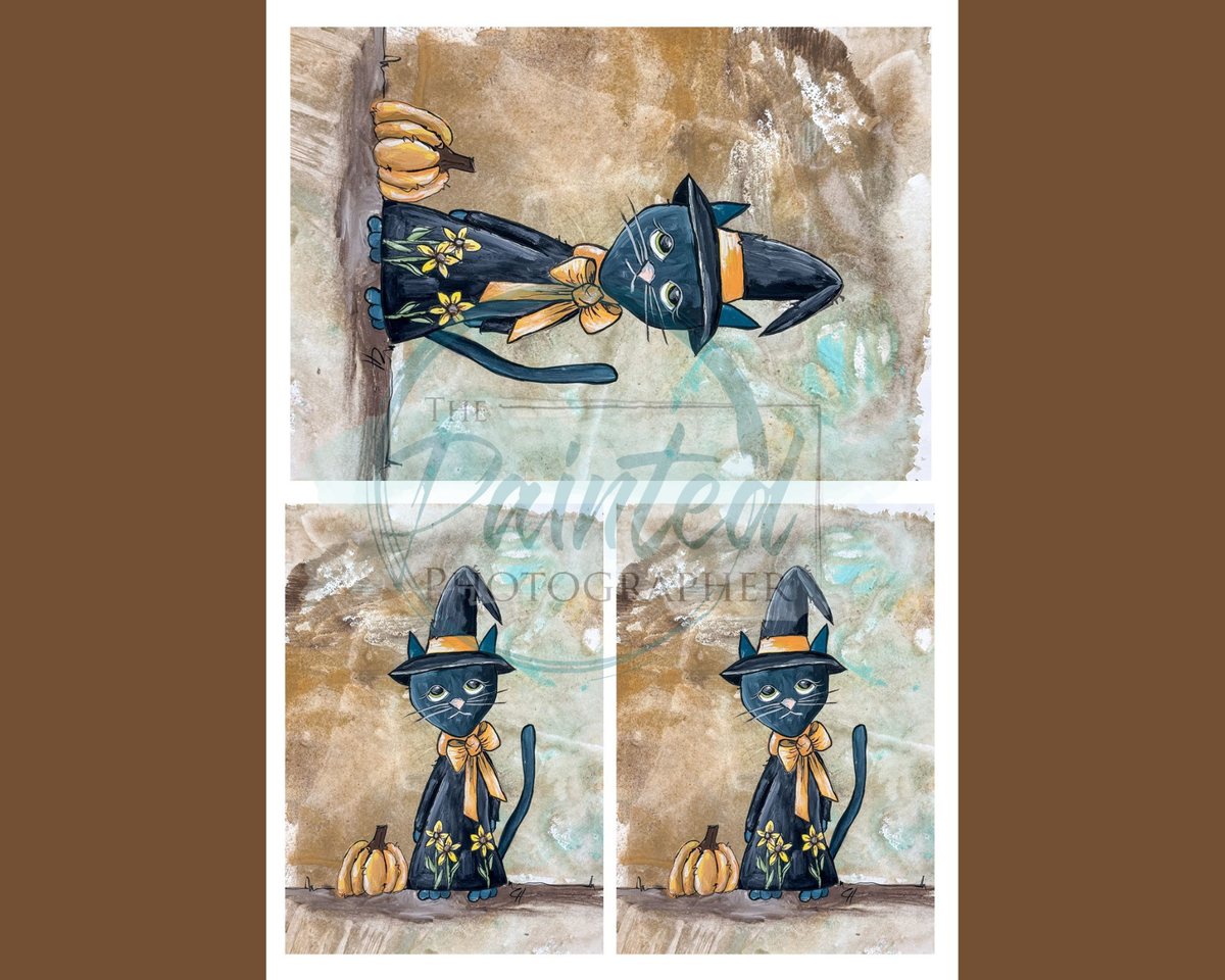 Hand-Painted Witch Cat Decoupage Paper Multiple