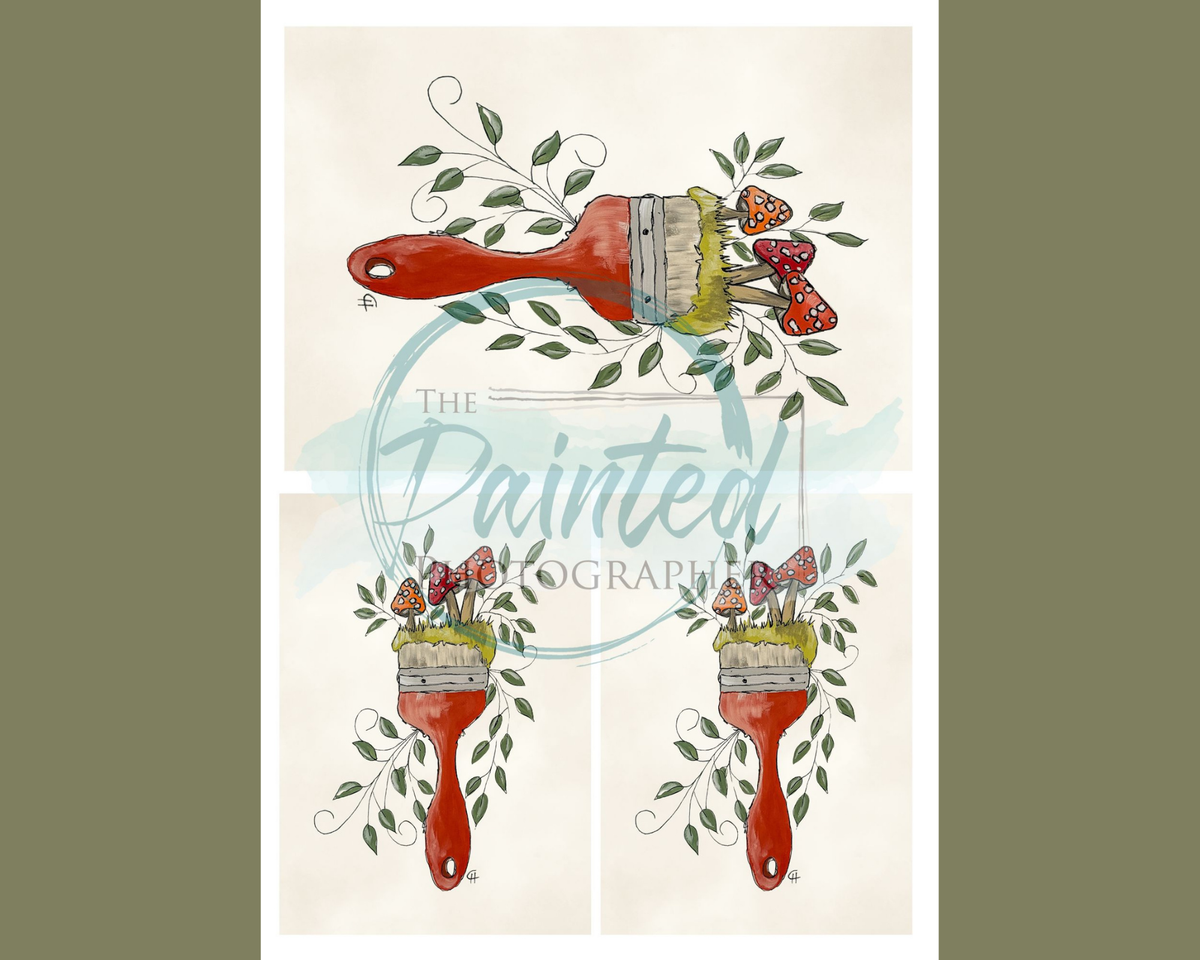 Hand-Painted Mushroom Paintbrush Rice Decoupage Paper Multiple