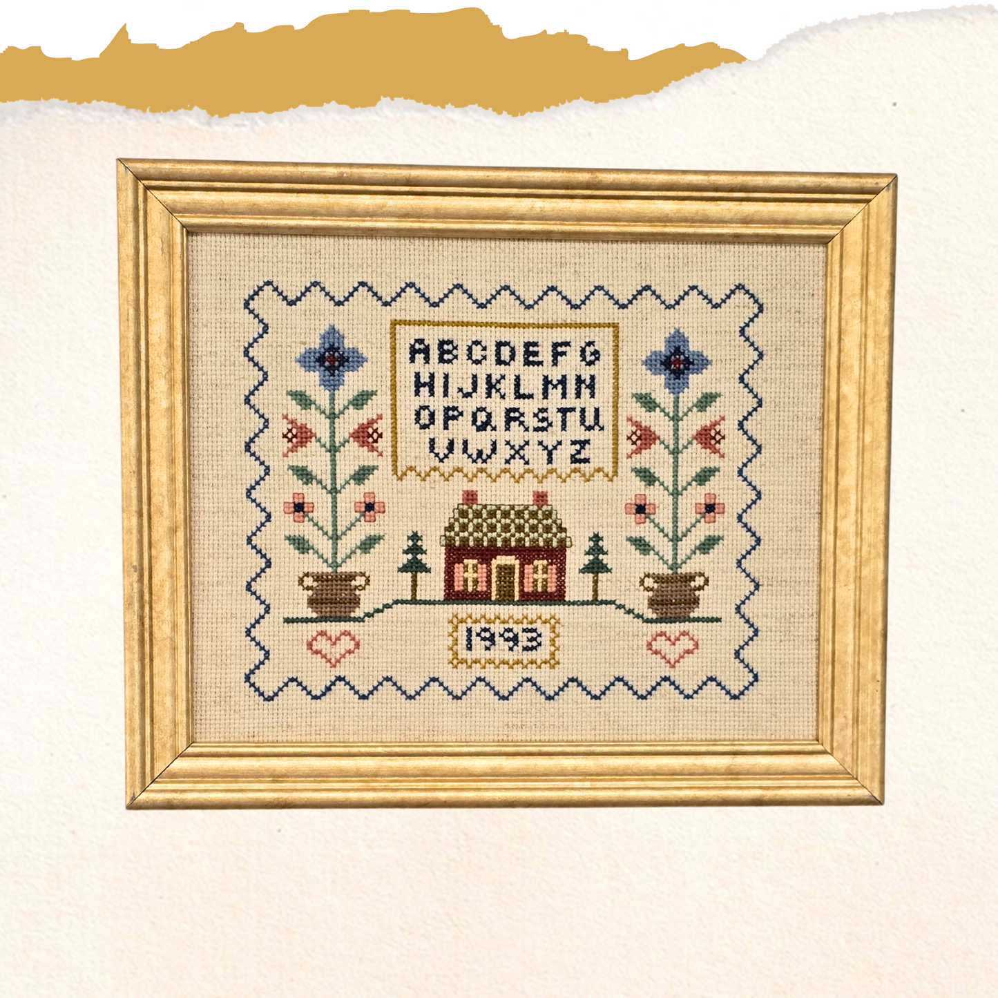 Framed Cross Stitch Wall Hanging – 1993 Vintage Needlework